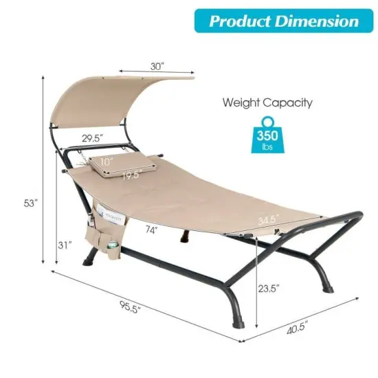 Outdoor Hammock Chaise Lounge Chair with Canopy and Cushion for Patio, Garden or Poolside Tan {3}