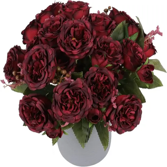 Artificial Peonies Silk Flowers, Burgundy Faux Peony Bouquet 4 Bundles Florals {1}