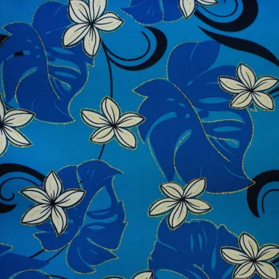 1 Yard Shimmer Plumeria Flower Monstera Leaves Polyester Glitter Fabric, 60" Width Blue {5}