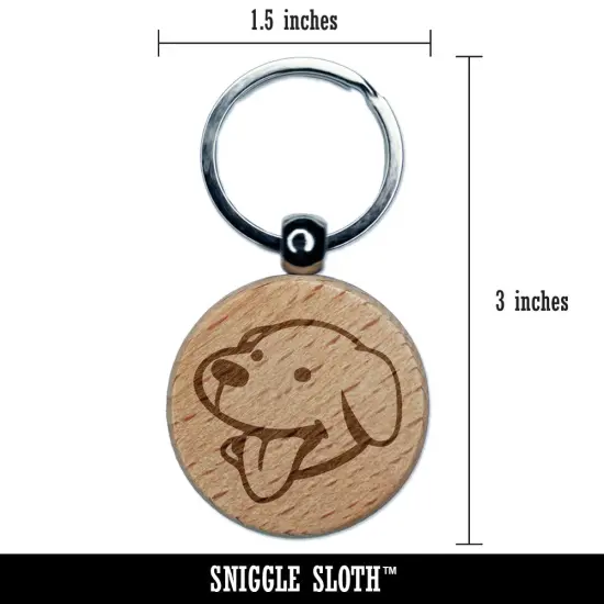 Silly Smiling Dog Head with Tongue Sticking Out Engraved Wood Round Keychain Tag Charm {2}