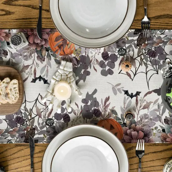Jack-O'-Lantern Pumpkin Floral Ghost Halloween Table Runner, 13x72 Inch {3}