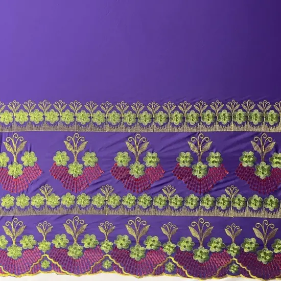 1 Yard Hibiscus Double Border Embroidered Fabric, 100% Polyester, 56 Inches Width {1}