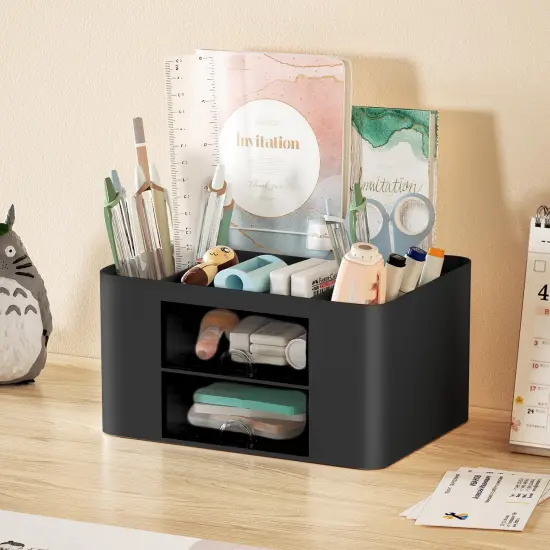 Marbrasse Pen Organizer with 2 Drawer, Multi-Functional Pencil Holder for Desk, Desk Organizers and Accessories with 5 Compartments + Drawer for Office Art Supplies (Black) {6}