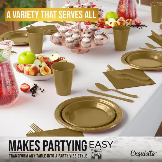 Exquisite 350 Pcs Plastic Plates for Party &ndash; Disposable Plates Set &ndash; 50 Each of 9" Dinner Plates, 7" Dessert Plates, Plastic Cups, Napkins & Plastic Cutlery &ndash; Plastic Dinnerware by Party Solids Gold {4}