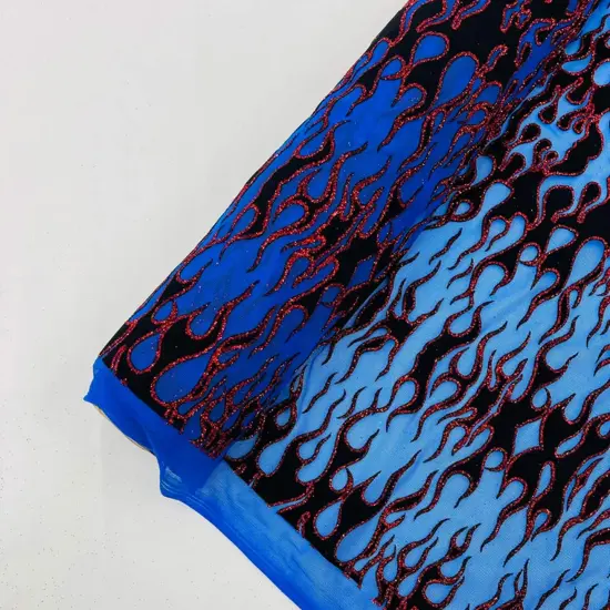 1 Yard Power Mesh Fabric with Black Flocked Flame and Red Glitter Design 60 Inch Width Royal Blue {1}