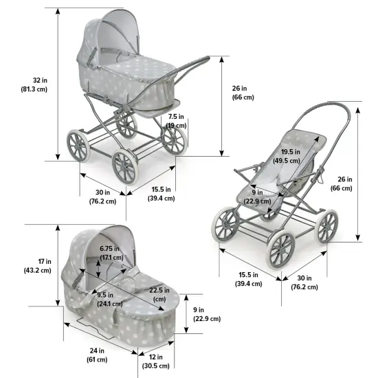 Badger Basket Just Like Mommy 3-in-1 Doll Pram/Carrier/Stroller Gray/Dot {4}