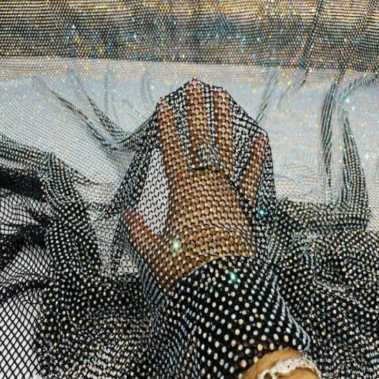 1 Yard Sparkly AB Rhinestone Fishnet Fabric Stretch Mesh for Costumes, D&eacute;cor, and Apparel Black Solid {5}