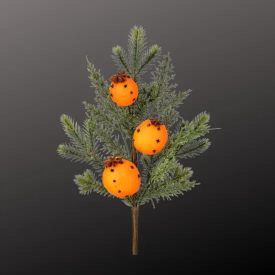 18" Evergreen Pick with Real Orange & Clove Scent &ndash; Holiday Faux Orange Pomander Pick, Christmas Floral Stem-MTX76741 {3}