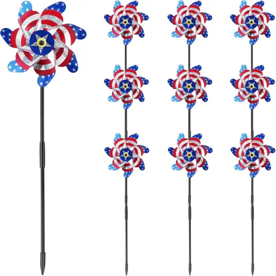 10 Packs Patriotic Sparkly Reflective Pinwheels for Yard and Garden {1}