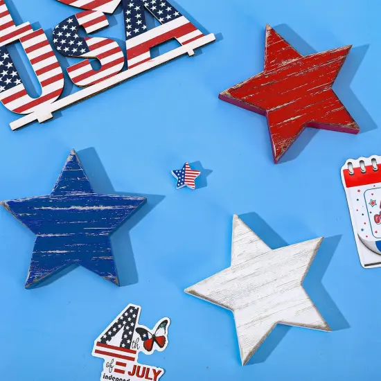 4th of July Wooden Star Signs Patriotic Rustic Star Shape Tiered Tray Decor Red Blue White Wood Star Blocks Retro Freestanding Table Signs for Independence Day Farmhouse Home Decor, 3Pcs {4}