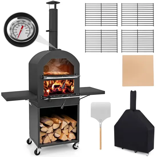 Outdoor Wood-Fired Pizza Oven with Wheels, Thermometer & Accessories {3}