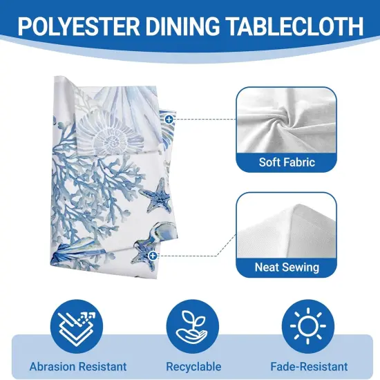 Blue Beach Tablecloth 60 x 84 Inches &ndash; Coastal Ocean Table Cover with Conch, Coral, Starfish & Seahorse for Summer Dining, Picnic, or Party Decor {3}