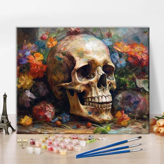 Skull Paint by Numbers Skull Surrounded with Flowers Paint by Number Kits Canvas DIY Oil Painting for Adults Beginners, Paint by Number Adult Paint by Number Kits Home Decor, 16 x20 Inch {1}
