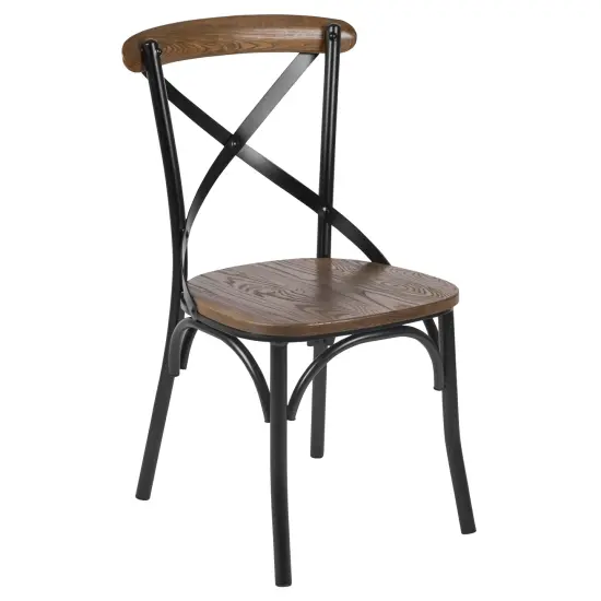 Merrick Lane Tucker Series Industrial Style Black Metal X-Back Dining Chair with Fruitwood Finished Seat and Back {2}