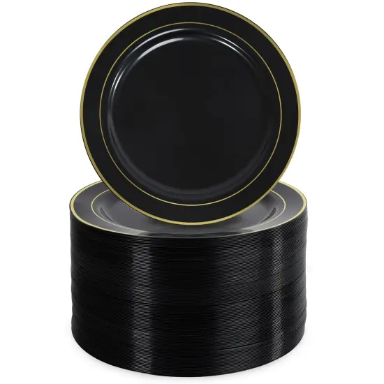 Lot45 Black and Gold Plastic Plates 7.5 Inch - Black Plastic Plates Bulk 100pk {1}