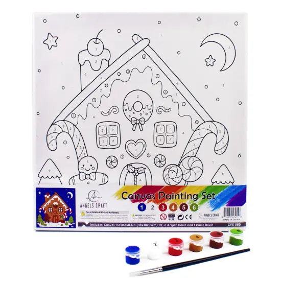 Angels Craft Paint by Number Canvas Set - Christmas Candy Cottage | Includes: 1 Pre-printed Canvas, 6 Acrylic Paint pots, 1 Artist Brush {2}