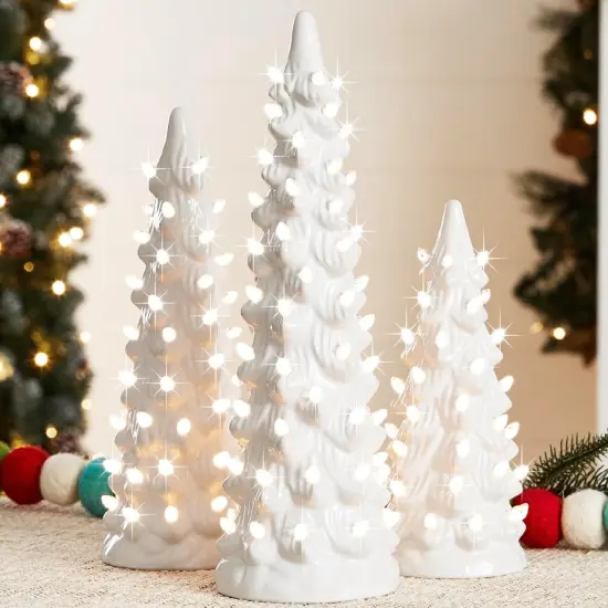 Set of 3 Pre-Lit Green Ceramic Christmas Trees {1}