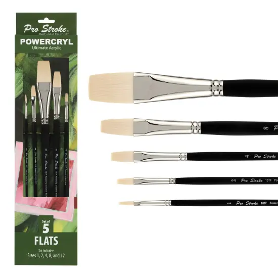 Creative Mark Pro-Stroke Powercryl Acrylic Paint Brushes - Flats Value Set of 5, Synthetic Paint Brushes for Artists, Seamless Nickel-Plated Ferrules, Matte Black Wooden Handle, Soft-Touch Grip {1}