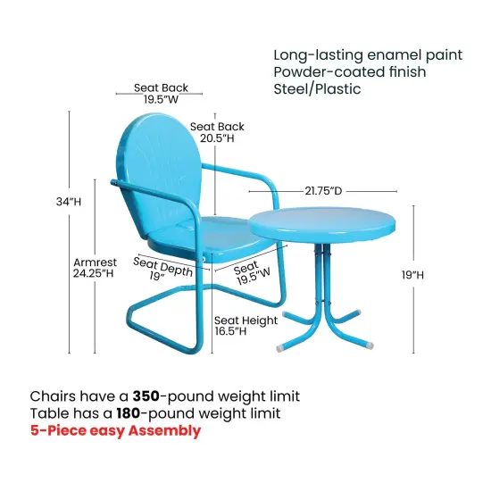 Northlight 3-Piece Retro Metal Tulip Chairs and Side Table Outdoor Set, Sky Blue {5}