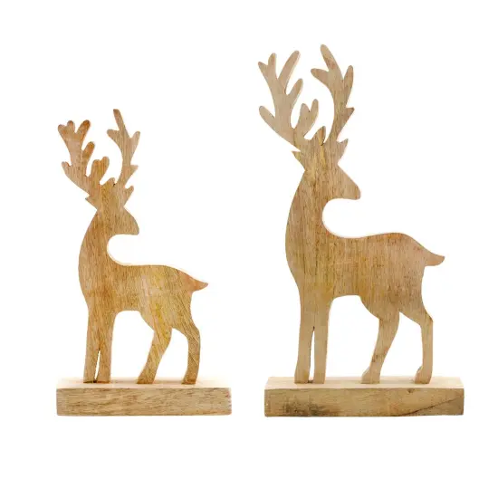 Reindeer Christmas Statues 2pc Mango Wood Holiday Decor {1}