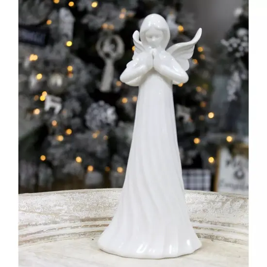 White Ceramic Praying Angel Figurine 9in Guardian Statue {4}
