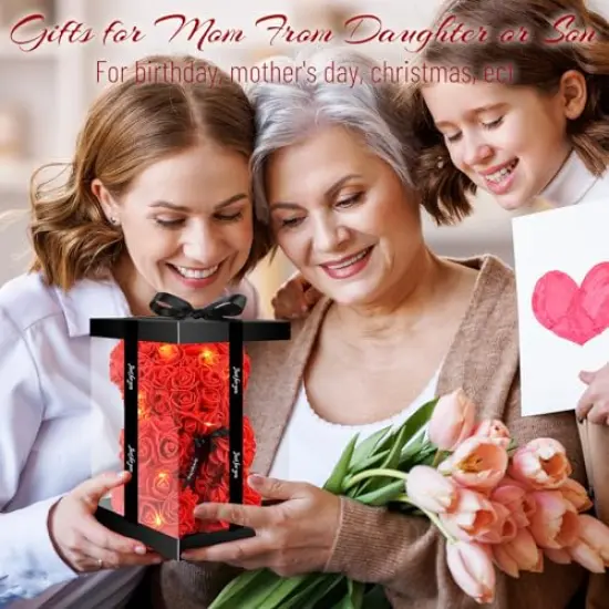 Otlonpe Bear Rose Flower, Mothers Day Flowers Gifts for Mom Wife Grandma Daughter Friends Sister Her, 9 inch Handmade Roses Led Light in Gifts Box, Womens Gifts for Birthday Christmas Valentines {4}