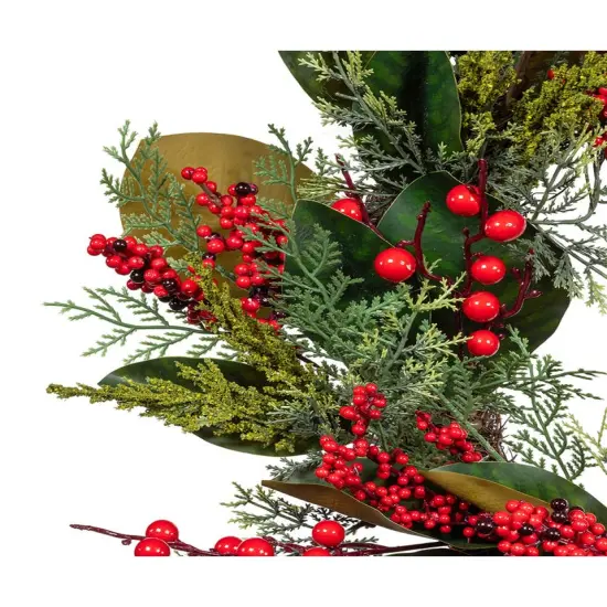 24" Un-Lit Mixed Leaves & Berries Green Wreath &ndash; Classic Christmas Decoration {2}
