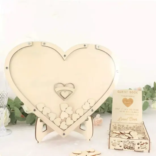 13" Natural Wooden Heart Drop Top Frame Wedding Guest Book Sign Set Party Event {3}