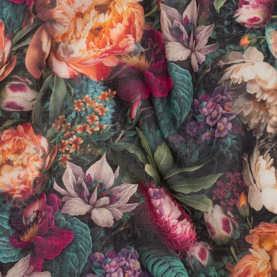 1 Yard Red Violet Peach Dark Green Linen Fabric Medium Weight Mythical Garden 58 inch Width {1}