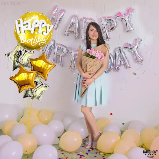 Gold Happy Birthday Balloon Set - 23 Inch, Big, Pack of 5 | Happy Birthday Mylar Balloons, Golden Birthday Balloons | Gold Star Balloons, Gold Foil Balloons | Black And Gold Party Decorations {3}