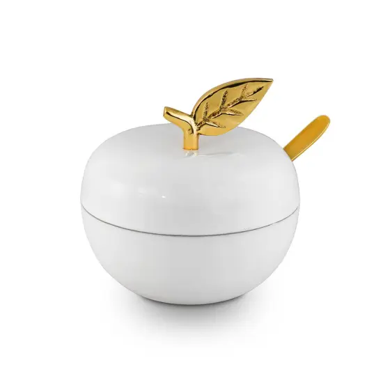 Enamel Apple Shaped Honey Dish White/Gold {3}