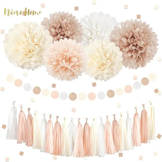 Boho Wedding & Baby Shower Decorations, 28PCS Creamy White Tissue Paper Pom Poms, Tassels & Dots Paper Garland, Perfect for Bridal Showers, Birthdays & More {2}