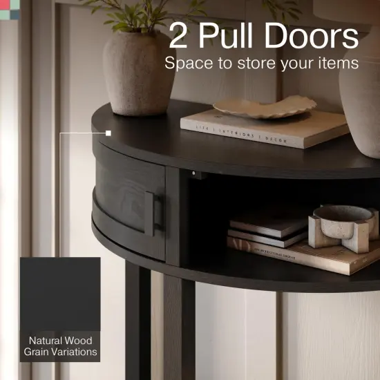 Farmhouse Half Moon Console Table - Small Entry Desk with Storage for Narrow Spaces - Modern Home Decor - Living Room Furniture - Wood Entryway Table with Doors and Black Knobs (Blackened Oak) {5}