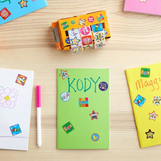 1080 Count Teacher Reward Motivational Stickers, Bulk Rolls for Students, Classroom Necessities, Daycare Supplies with 2 School Bus Dispensers (6 Rolls, 5.7x2.7x 2.5in) {5}