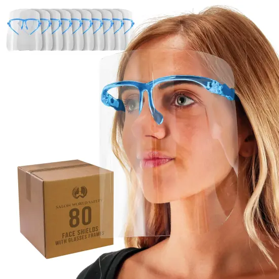 Face Shields with Blue Glasses Frames (20 Packs of 4) - Ultra Clear Protective Full Face Shields to Protect Eyes, Nose, Mouth - Anti-Fog PET Plastic {1}