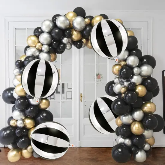 Black and Silver Striped Balloons, 22 Inch Metallic Round Foil Balloons-	Black and Silver {2}