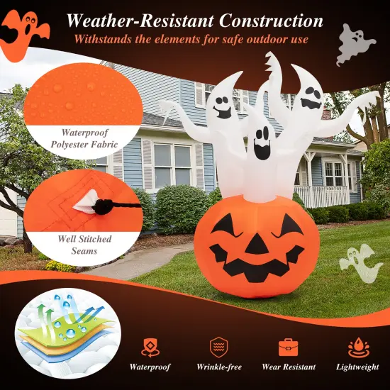 Costway 6 FT Inflatable Halloween Tree White Ghosts with Pumpkin Decor w/ Rotating Lamp {6}