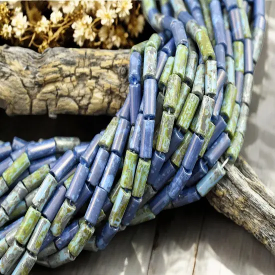 9x4mm Aged Wampum Blue Turquoise Picasso Bugle Bead Mix (21" Strand) {3}
