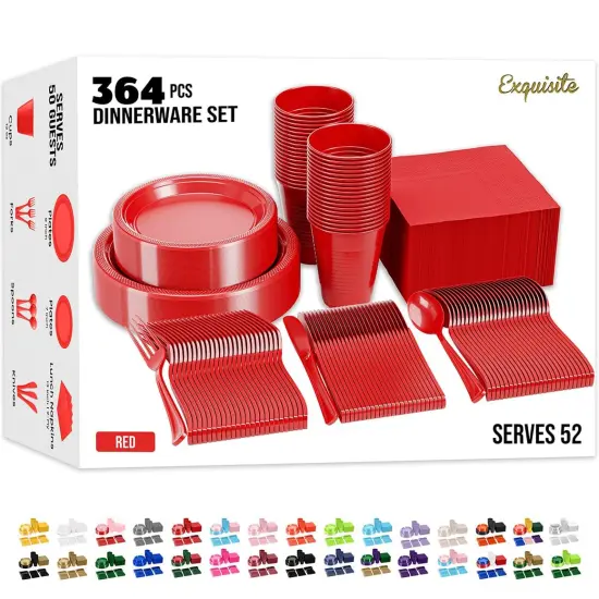 Exquisite 350 Pcs Plastic Plates for Party &ndash; Disposable Plates Set &ndash; 50 Each of 9" Dinner Plates, 7" Dessert Plates, Plastic Cups, Napkins & Plastic Cutlery &ndash; Plastic Dinnerware by Party Solids Red {1}