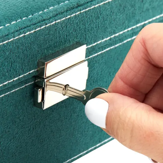 Velvet Jewelry Box Organizer - Lockable 2 Layer Travel Case, Earrings Storage with Removable Tray for Women, Men (Green) {6}