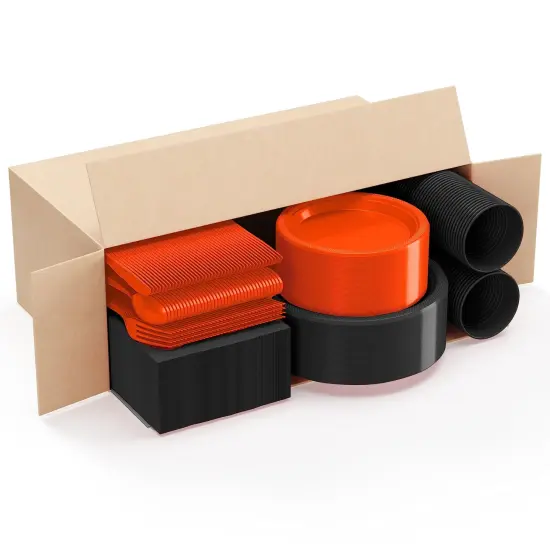 Exquisite 350 Pcs Plastic Plates for Party &ndash; Disposable Plates Set &ndash; 50 Each of 9" Dinner Plates, 7" Dessert Plates, Plastic Cups, Napkins & Plastic Cutlery &ndash; Plastic Dinnerware by Party Solids Orange & Black {3}