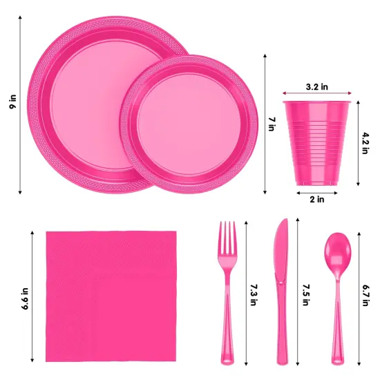 Exquisite 350 Pcs Plastic Plates for Party &ndash; Disposable Plates Set &ndash; 50 Each of 9" Dinner Plates, 7" Dessert Plates, Plastic Cups, Napkins & Plastic Cutlery &ndash; Plastic Dinnerware by Party Solids Hot Pink {2}
