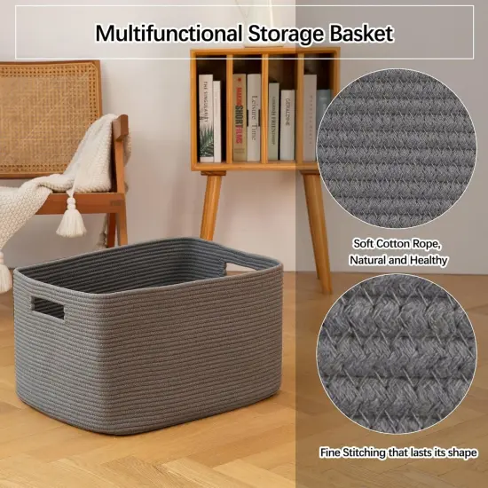XXLarge Rectangle Blanket Basket-96L, Cotton Woven Basket for Storage, Dirty Clothes Basket for Living Room, Nursery, Bedroom, Toy Organizing with Handle, 24" x 16" x 15", Dark Grey {6}
