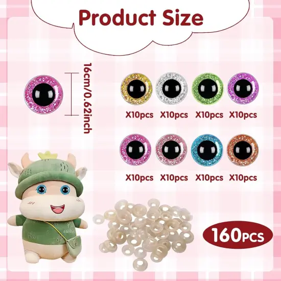 160 Pcs Glitter Safety Eyes - 16 mm (8 Colors) {5}