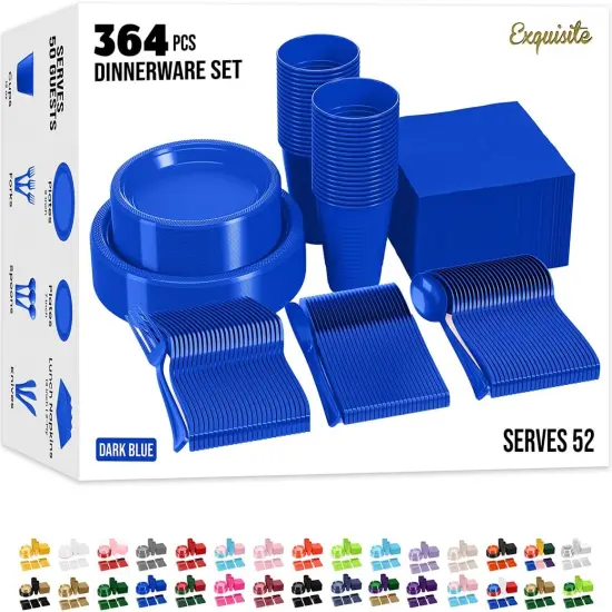 Exquisite 350 Pcs Plastic Plates for Party &ndash; Disposable Plates Set &ndash; 50 Each of 9" Dinner Plates, 7" Dessert Plates, Plastic Cups, Napkins & Plastic Cutlery &ndash; Plastic Dinnerware by Party Solids Dark Blue {1}