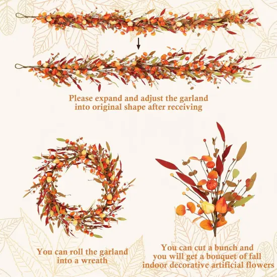 Fall Decor, Fall Garland, 6FT Autumn Eucalyptus Leaves Pumpkin Harvest {4}