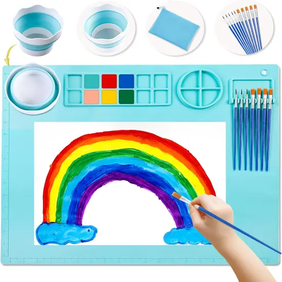 Silicone Craft Mat 20X16 Inch Large Silicone Art mat with Detachable Cup Painting Mat with 10 Painting Brushes Silicone Drawing Mat Sheets for Kids Adult DIY Accessories (Blue) {1}