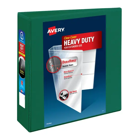 Avery Heavy-Duty View 3 Ring Binder, 3 Inch One Touch EZD Rings, 670-Sheet Capacity, 3.5 Inch Wide Spine, Customizable Clear Cover and Spine, 1 Green Binder (79109) {1}