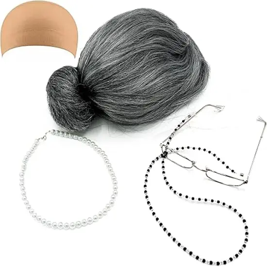 4E's Novelty Old Lady Costume for Kids - 5 Pcs Set for 100th Day of School Grandma Costume for Kids Girls, Gray Wig, Glasses with Chain, Wig Cap, Necklace {3}