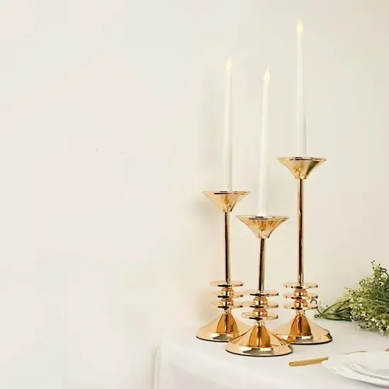3 Gold Candlestick Stands 3-Disk Design Taper CANDLE HOLDERS Set Party Events {3}
